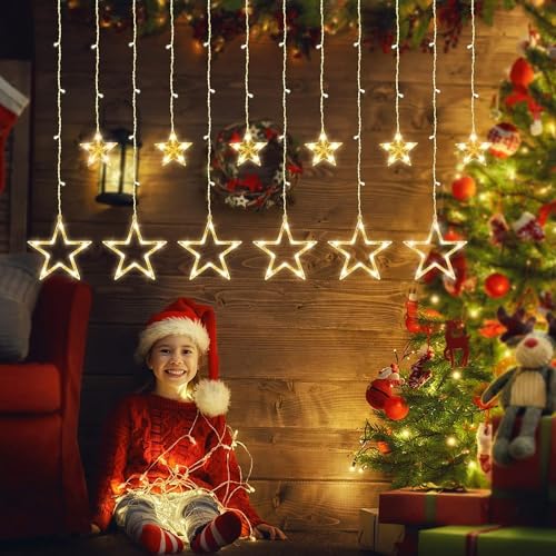 Cascata com 138 LED Formato em Estrela 8 Funções de Pisca para Cortina de luz para decorações de Nat