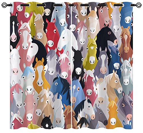 Horse Blackout Curtains for Girls Boy Home Decor, Animal Stallion Colourful Cartoon Horses Grommet Thermal Insulated Drapes Darkening Window Curtain for Bedroom Living Room, 72 x 63 Inch