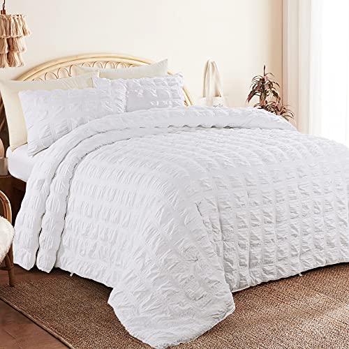 Hombys 120X120 Oversized King Seersucker White Comforter Set, Textured Boho Bedding Comforter For California King Bed, Shabby Chic Beding Sets With 2 Matching Pillow Cases #TOP1