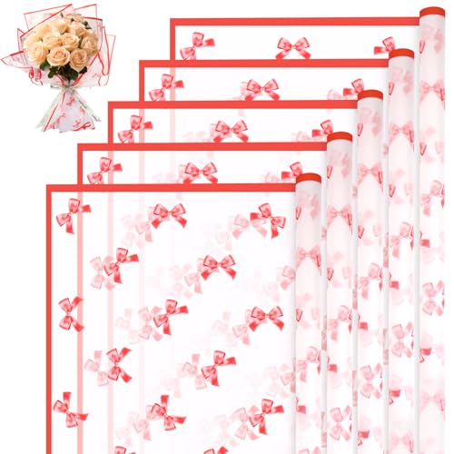 Liobelon 20 Sheets Flower Wrapping Paper Waterproof Bouquet Paper with Bow Pattern Red Gift Wrapping Paper for Valentine's Day Flower Shop, Wedding, Mother's day, Handmade DIY, Anniversary