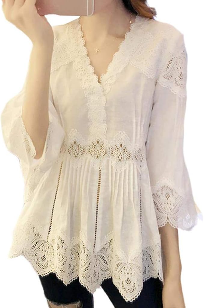 Amazon Ksila シャツ ブラウス レディース 半袖 レース トップス 7分袖 Vネック カットソー ゆったり チュニック おしゃれ エレガント 白ブラウス 通勤 シャツ ブラウス 通販
