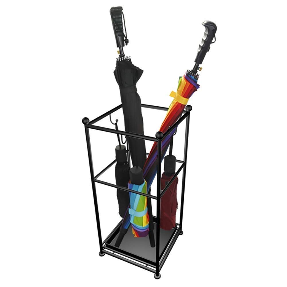 Porte-parapluie métallique avec bac d'égouttement amovible et crochets de suspension