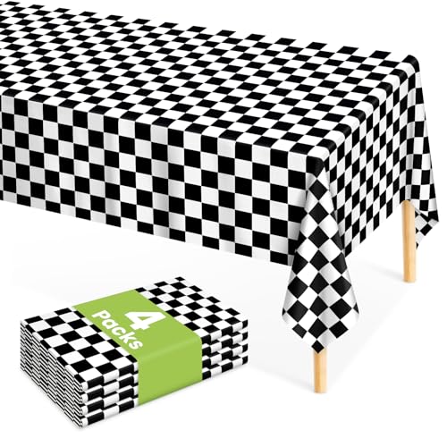 Image of Mulbozy 4 Pcs Black and White Checkered Tablecloths, 54 x 108 Inches Black Checkered Flag Tablecover, Disposable Plastic Gingham Table Cover for Picnic, Truck, Race Car Birthday Party Supplies