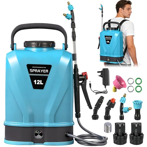 Yelyee 12L Electric Battery Powered Pressure Sprayer with 12V 2000mAh*2 Adjustable 0-45 PSI | Compatible with 12V Battery 12 Litre with 5 Nozzles for Garden Weed Spraying and Watering