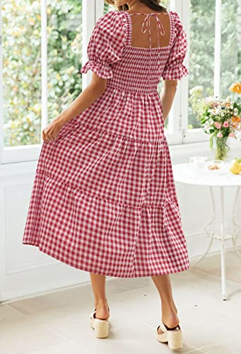 Image of ZESICA Women's 2026 Boho Summer Dresses Gingham Puff Sleeve Square Neck Flowy Beach Midi Dress