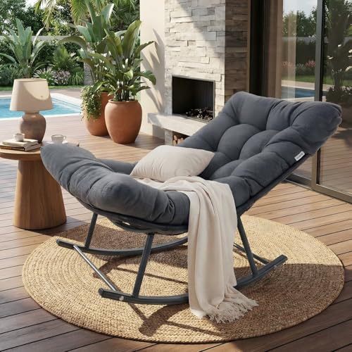 IRONCK Papasan Rocking Chair with Cushion, Patio Wicker Rocking Chair, Metal Frame Egg Rocker, 450lbs Capacity, Indoor Outdoor Lounge for Garden, Porch, Living Room, Balcony, Gray