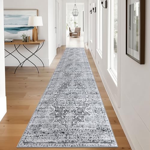 KUTA Vintage Washable Runner Rug 2.6x12, Non-Slip Hallway Kitchen Runners Grey White with Rubber Backing, Soft Printed Modern Medallion Extra Long 12ft Carpet Rugs Indoor for Bedroom