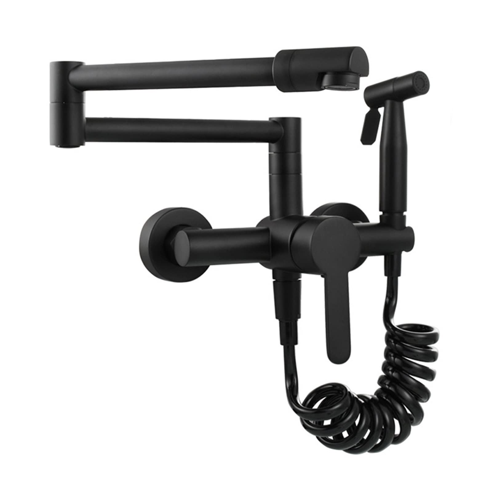 Wall Mount Retractable Pot Filler Kitchen Faucet Swing Arm Folding Mixer Tap with Side Sprayer, Matte Black Swing Arm