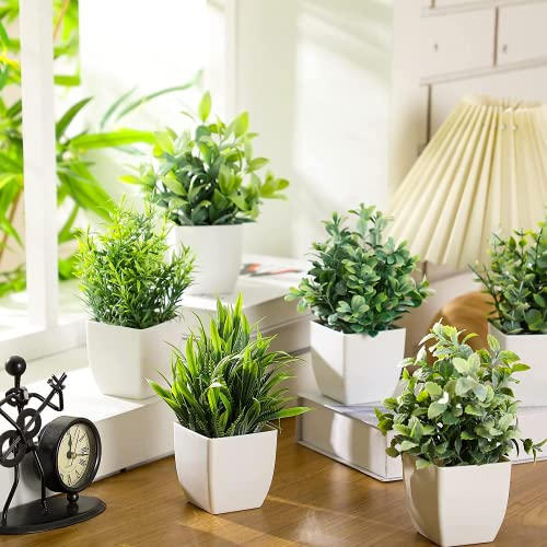 Dekorly Artificial Potted Plants, 6 Pack Artificial Plastic Eucalyptus Plants Small Indoor Potted Houseplants, Small Faux Plants for Home Decor Bathroom Office Farmhouse (Set 0F 6)