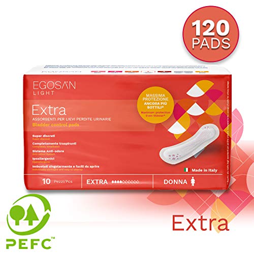 Egosan Extra Anti-Leak Control Feminine Pads for Women, Soft, Super Discreet, Hypoallergenic with Odor Control, Form-Fitting, Case/120 (12 Bags of 10, Length-Long)