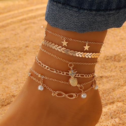 Image of Fesciory 14K Gold Plated Ankle Bracelets Sets For Women, Adjustable Layered Infinite Anklet, Summer Beach Butterfly Star Foot Chain Jewelry Gifts