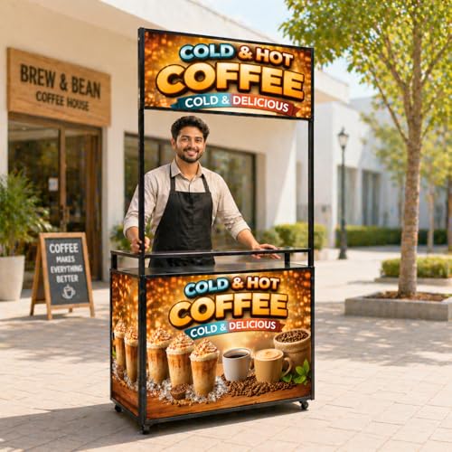 Hamamori Foldable Food Stall with Storage (3x7 ft) | Portable Street Cart Setup with Wheels | Tea, Juice, Momos, Cold Coffee | Heavy Duty | No Tools Setup | with Lights | (Cold Coffee Cart)