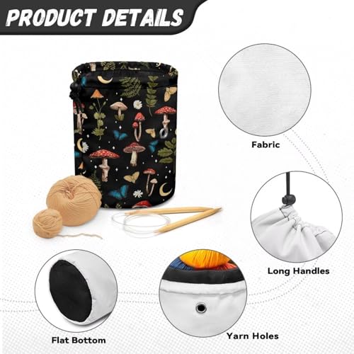 Image of Sellikakes Mushroom Butterfly Moon Yarn Storage Organizer with Drawstring, Crochet Storage Bag Yarn Holder for Crocheting Project Accessories, Knitting Needles