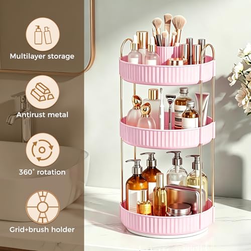 Image of 360 Rotating Makeup Organizer, Upgraded 3 Tier Skincare Perfume Organizers for Women, Bathroom Organizer Countertop, Clear Cosmetic Dresser Organizer with Makeup Brush Holder, Sink&Counter(Pink)