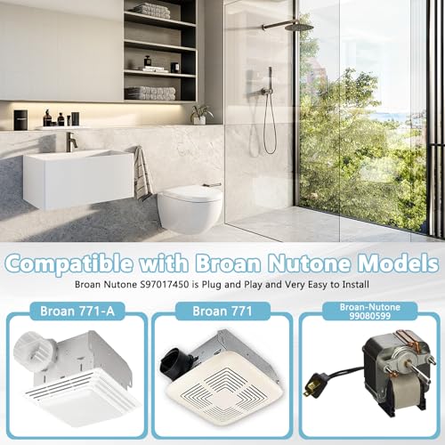 Image of Hiorucet S97017450 Bathroom Fan Assembly for Nutone Broan 771-A, 771A, 771, Exhaust Fan Motor Replaces S97017450, 70CFM, 3000 RPM, 120V, 1.5A, 99080599 Copper Motor, Blower Wheel and Mounting Plate.