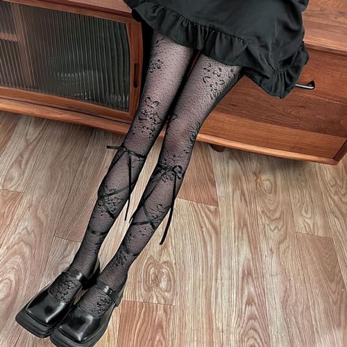 Image of Women's Lolita Patterned Tights Kawaii Bow Fishnet Stockings Lace Pantyhose | Semi See Through Tights Hollow Out Leggings Socks