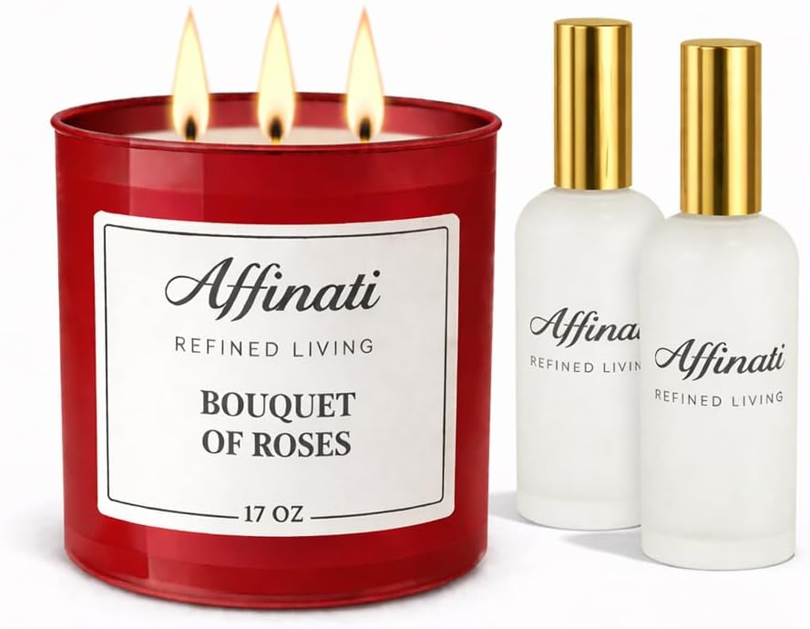 Affinati Candle & Room Spray Bundle – 17 oz 3-Wick Candle + 2 Room & Linen Sprays (4 oz) – Strong Scented Soy Blend Set – Long Lasting Home Fragrance for Room & Linen (French Vanilla)