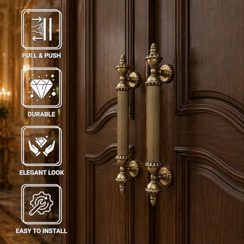 Image of GLOXY Premium Antique 18 inch Vintage Royal Taj Main Door Handle with 12 inch Hole-to-Hole Spacing - Decorative Push & Pull Aluminium Handle for Wooden & Glass Doors - Ideal for Home, Hotel and Banquet Hall