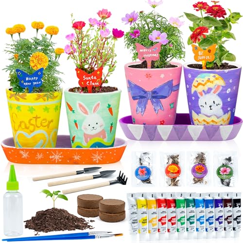 RGBDOT Kids Gardening Set Paint and Plant Stoneware Flower Gardening Kit with 4 Pots Arts and Crafts for Kids Ages 8-12 Best Children’s Day Gift for Girls Boys Ages 5 6 7 8 9 10