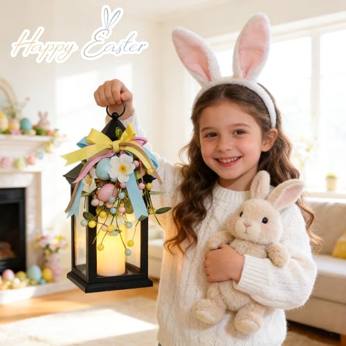 Image of Easter Lanterns Decorative Indoor & Outdoor, 14 Inch Black Candle Lanterns with Timer Waterproof, Hanging Spring and Easter Lantern Decor for Home, Table, Porch, Patio, 2 Pack