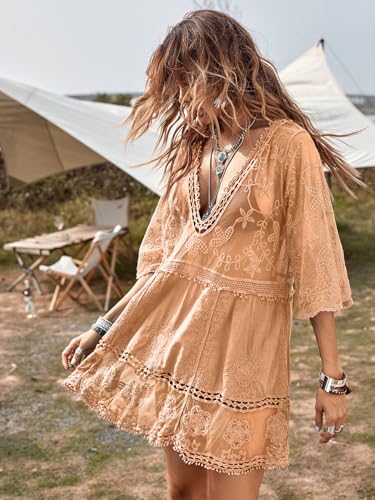 Image of Eomenie Women's Contrast Lace Bathing Suit Cover Up V-Neck Swimsuit Coverups Loose Swimwear Beach Dress Beachwear