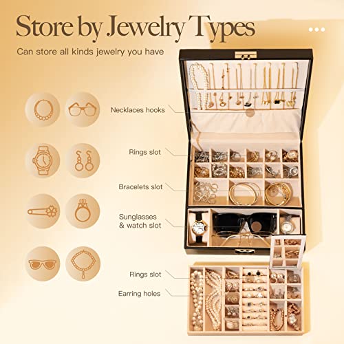 Jewelry Boxes For Women With Code Lock, Black Jewelry Storage Box, Leather Travel Jewelry Box With Mirror, Double Layer Large Jewelry Organizer Box For Watch Rings Necklace Bracelet Earring #TOP3