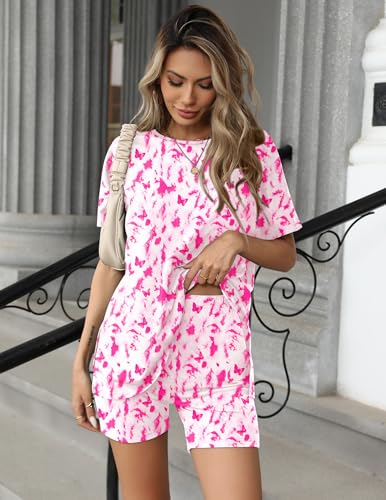 Image of Ekouaer Women's 2 Piece Lounge Set 2026 Summer Biker Shorts Set Outfits Short Sleeve Oversized Top Matching Tracksuit
