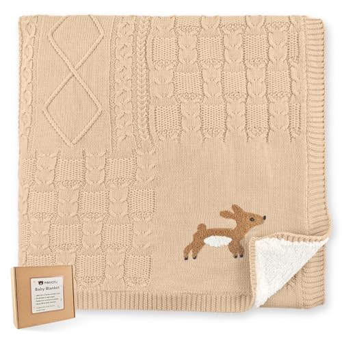 Image of Cotton Knit Baby Blanket with Plush Fleece, 31x40 Receiving Blanket for Newborn Boys & Girls, Soft Warm Stroller Blanket with Deer Embroidery, Box