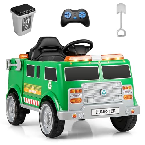 Costzon Ride on Garbage Truck, 12V Battery Powered Kids' Electric Vehicles w/Remote Control, Trash Bin/Shovel/Lights/Sound Effects/Recycle Accessories, Toddler Recycling Car for Age 3+(Garbage Truck)