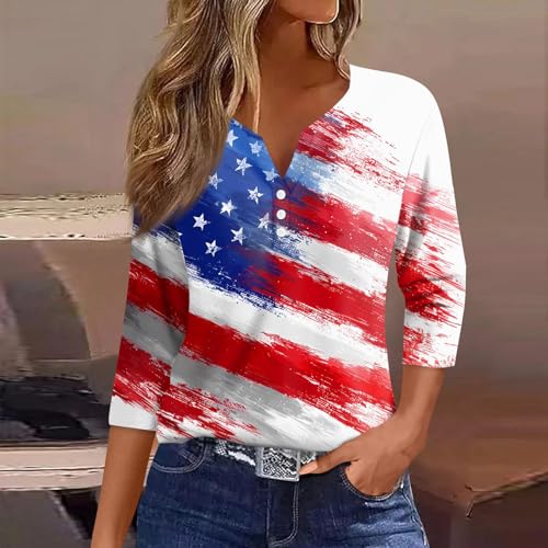 Image of 4th of July Shirts Women 3 /4 Length Sleeve Womens Tops Henley Neck Casual Patriotic T Shirts