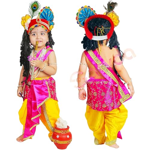 Image of Sarvda Shree Krishna Dress for Baby Boy & Radha Dress for Girls | Janamashtami Dress | Fancy Dress Costume with Accessories Dhoti, Dupatta, Mukut Flute Complete set, Ethnic wear