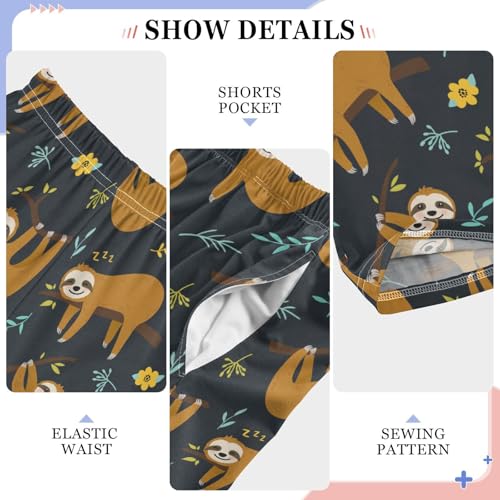 Lovely Sloth with Florals Boys Long Pants Soft Trousers Elastic Waist Kids Lounge Bottoms with Pockets S-XL4