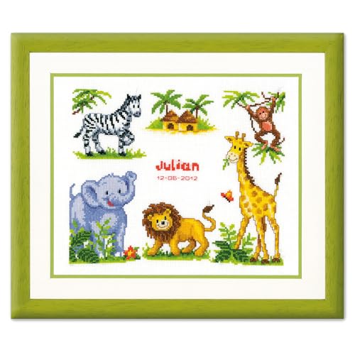 Vervaco Point De Croix Compté Kit DIY Cadeau Bebe Naissance Personnalisé ANIMAUX SAFARI Tableau Complet Kit De Broderie Loisir Créatif Maison Décoration...