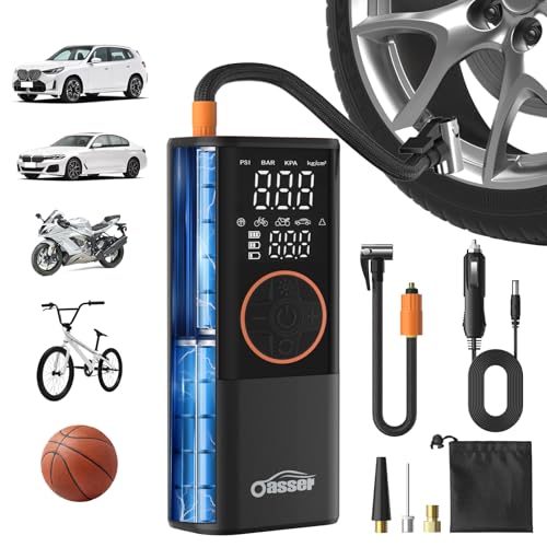 Oasser Tyre Inflator Air Compressor for Car Tires 150PSI, 6000mAh & DC 3M Car Cigarette Lighter Portable Car Tyre Pumpwith Dual Display, Auto Shut-Off,Storage Bag for Cars, Motorcycle,Bikes
