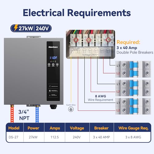 Image of 27kW Tankless Water Heater Electric, NOVIEEX 240V 3s Instant Hot Water Heater, Flow Rate Max 7.4 GPM, Supply for 3-4 Points, Indoor Installation, Heavy Duty Ideal for Whole House Use