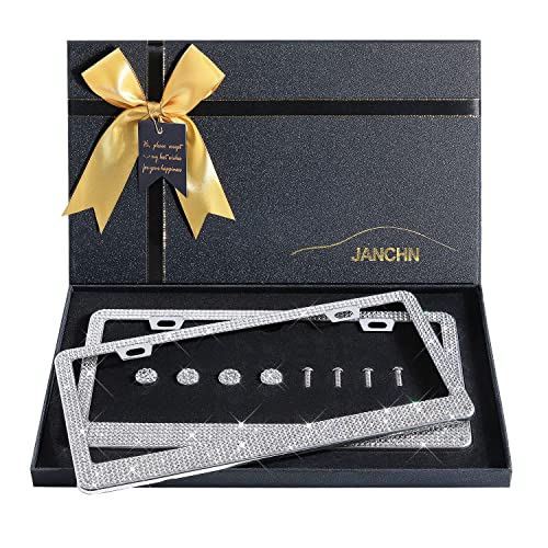 JANCHN Bling Rhinestone Car License Plate Frame 2 Pack, Glitter White Diamond Stainless Steel License Plate Frames for Women, Sparkly License Plate Frame Gift Package White