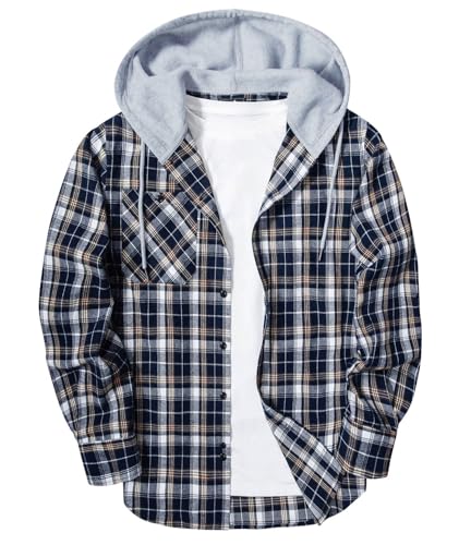ZITY Men's Flannel Hoodie Shirts Casual Button Down Plaid Shirt Jackets for Men Long Sleeve Stylish Hooded with Pocket Navy Grey White XX-Large