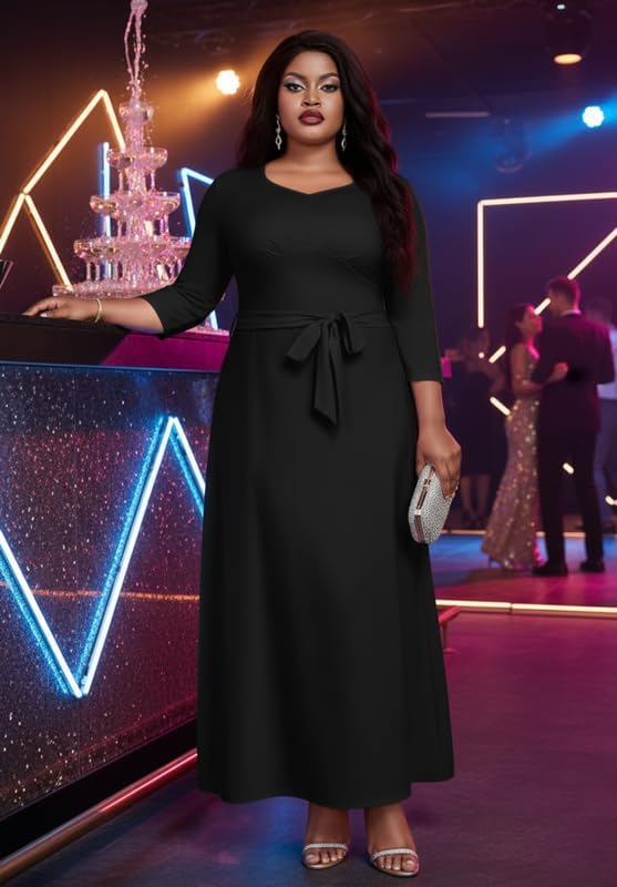 Maxi Dress for Women 3/4 Sleeves V-Neck Semi Formal Church Long Casual Dresses with Pockets - Image 3