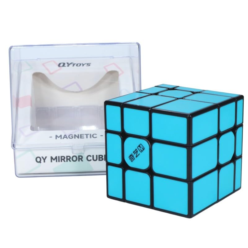 Image of QiYi Mirror Magnetic Tiled 3x3 Speed Cube - Mirror Blocks Puzzle with Factory-Installed Magnets, Durable Tile Finish, Smooth Turning - Fun Shape Mod for Cubers & Collectors (Blue)