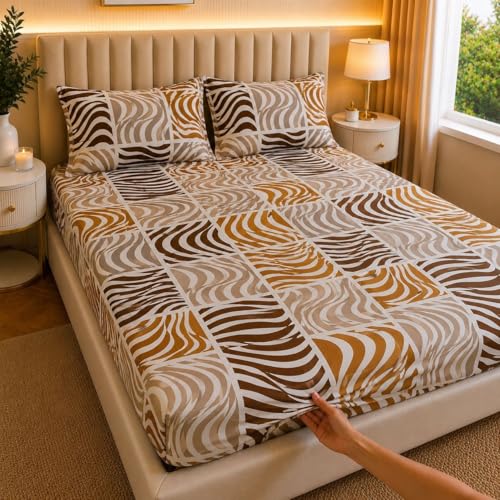 Image of Castiqa Elastic Fitted Supersoft Premium Polycotton 200TC Double Bedsheets King Size 78x72 Inch with 2 Pillow Covers (Fits Upto Mattress of 8Inches) (Multicolor III)