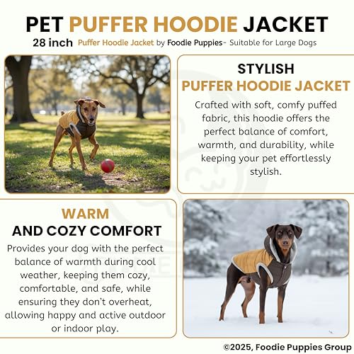 Image of Foodie Puppies Dog Puffer Hoodie Warm Winter Jacket - (Yellow Olive, 28 Inch) for Large Dogs | Ultra Warm Waterproof & Windproof Fur Coat | Washable Pet Vest Apparel for Cold Weather