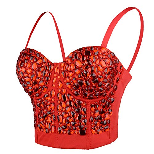Ellacci Women's Sexy Rhinestone Punk Bustier Crop Top Push Up Corset Bra Red Medium #TOP13