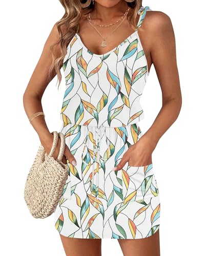 Image of AUSELILY Womens Summer Dresses Sleeveless Spaghetti Strap Beach Cover up Drawstring Waist Mini Short Dress with Pockets