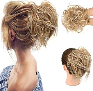 HMD Tousled Updo Messy Bun Hairpiece Hair Extension Ponytail with Elastic Rubber Band Updo Ponytail Hairpiece Synthetic Hair Extensions Scrunchies Ponytail Hairpieces for Women(Tousled Updo Bun, 27T613(Honey Blonde Mix Bleach Blonde))