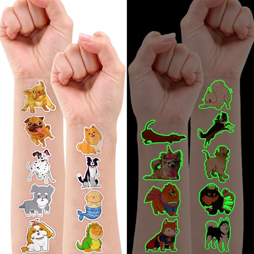 Image of 96 PCS Dog Pet Temporary Tattoos for Kids - Luminous Glow in The Dark | Pre-Cut Animal Fake Tattoo Stickers for Boys Girls | Super Cute First Themed Birthday Party Favors & Supplies