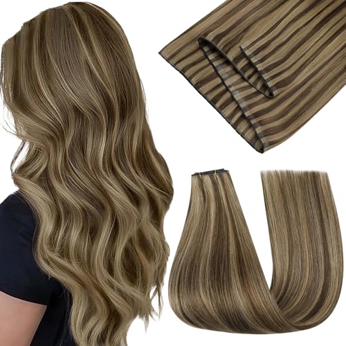 Image of Easyouth 100g Butterfly Weft Human Hair Extensions Brown, OVO Weft Hair Extensions Human Hair, Medium Brown Highlights Caramel Blonde, 18 Inch, Seamless, for Everyday Wear, Remy Human Hair