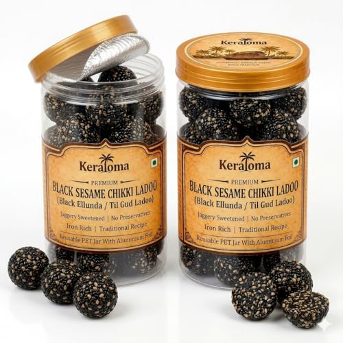 Image of Keraloma Premium Black Sesame Chikki Ladoo 700g (Karutha Ellunda) | Til Gud Ladoo | Jaggery Laddu | Traditional Healthy Indian Sweet Snack | Rich in Calcium & Iron | Source of Plant-Based Protein | Naturally Sweetened with Jaggery | No Preservatives or Added Colours | Handmade Traditional Recipe | Reusable PET Jar for Prestige Gifting