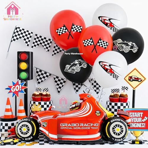 Image of Party Warehouse Racing Car Balloon Set for Birthday - 7 Pieces | Race Theme Foil Balloons for Race Lovers | Tyre & Checkered Flag Balloons for Kids /Adults Party Decorations | Red Car