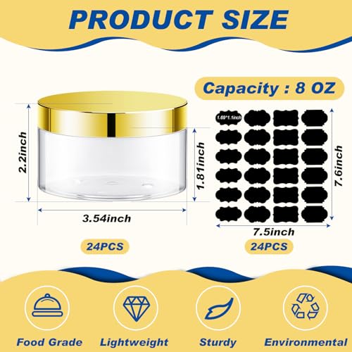 Dandat 24 Pcs 8 oz Plastic Jar Container with Lid and Label Refillable Empty Round Clear with Gold PET Cosmetic Sample Containers for Lotion, Cream, Ointments, Body Butter, Makeup, Travel Storage2