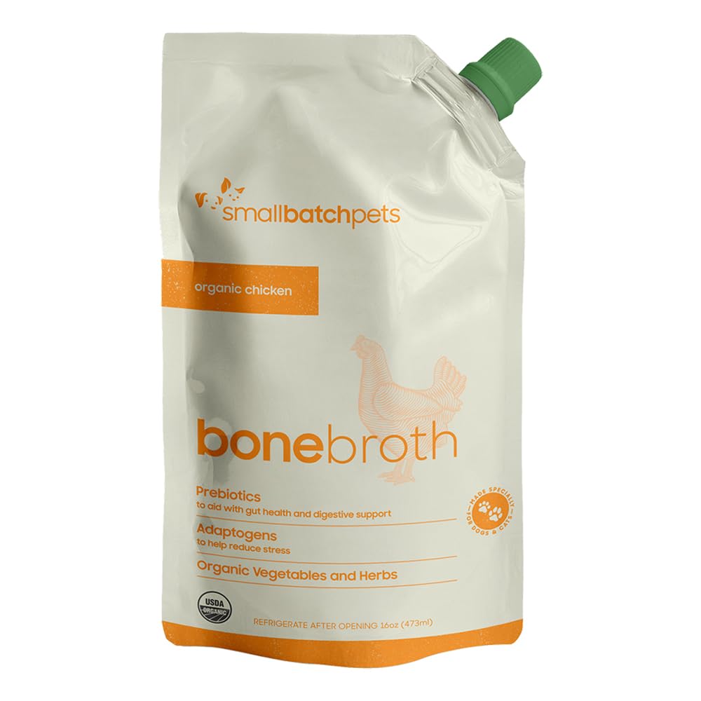 Pets Shelf Stable Bone Broth, Organic Chicken Recipe with Prebiotics & Adaptogens, Topper for Dogs and Cats - 16 Ounce